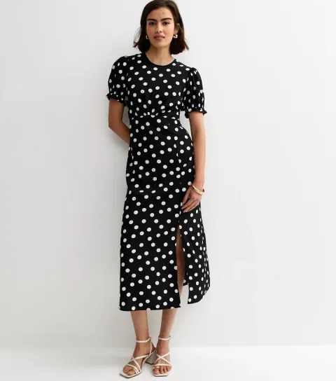 Women's Black Crepe Polka Dot Short Sleeve Midi Dress
