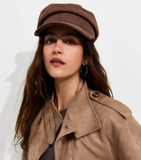 Brown Faux Suede Baker Boy Cap