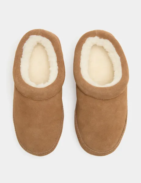 Marks & Spencer Suede Faux Fur Lined Mule Slippers Chestnut