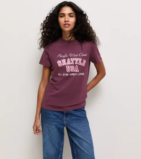 Women's Dark Burgundy Cotton Seattle Logo Relaxed T-Shirt