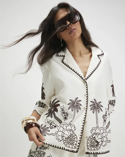 River Island Cotton Blend Palm Print Cutwork Shirt
