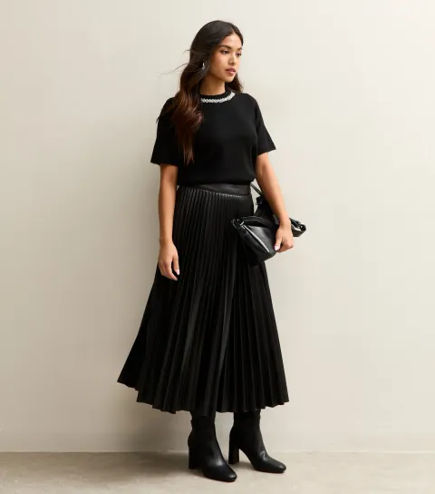 Women's Petite Black Faux Leather Pleated Midi Skirt