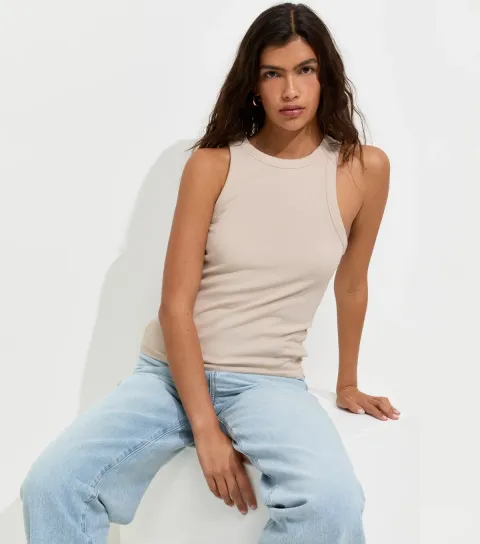 Women's Cream Cotton Rich Racer Back Ribbed Vest Top