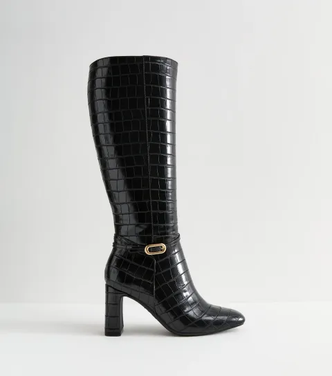 Women's Black Snakeskin Effect Faux Leather Knee High Boots Vegan
