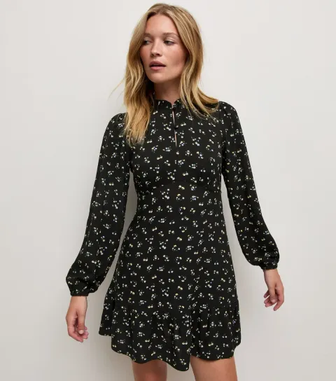 Women's Black Frill Trim Long Sleeve Ditsy Print Button Mini Dress