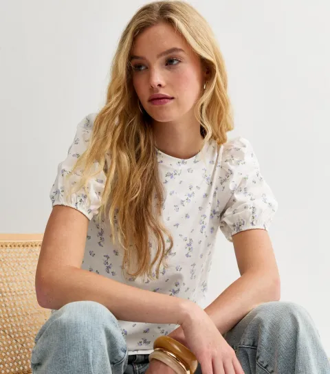 Women's White Cotton Floral Puff Sleeve T-Shirt