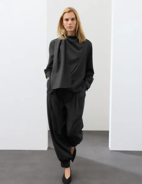 Autograph Wool Blend Draped Scarf Neck Blouse Dark Grey