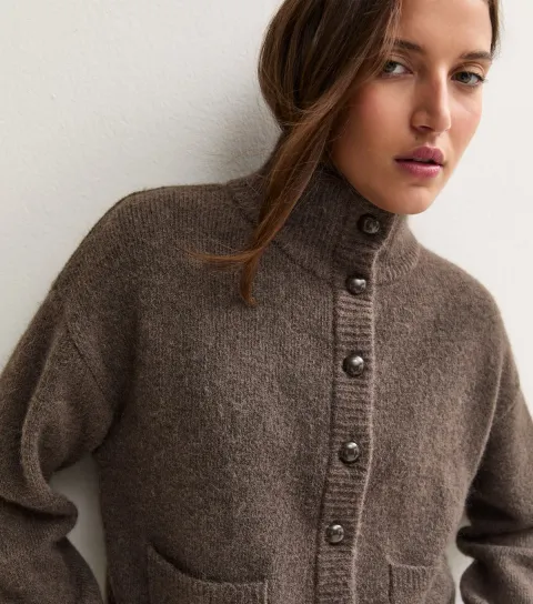 New Look Women's Dark Mink Knitted Patch Pocket Funnel Neck Cardigan with Wool