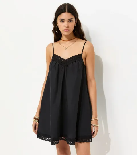 Women's Black Cotton Rich Lace Trim Strappy Smock Mini Dress