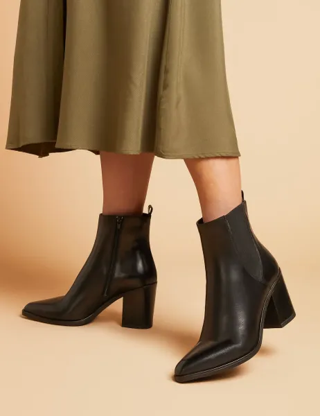 Jones Bootmaker Leather Block Heel Pointed Ankle Boots Black