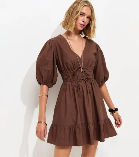 Women's Brown Cotton Embroidered Puff Sleeve Mini Dress