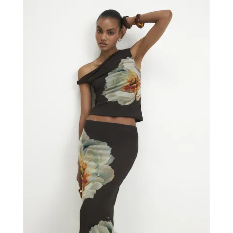 River Island Mesh Floral Print Maxi Skirt