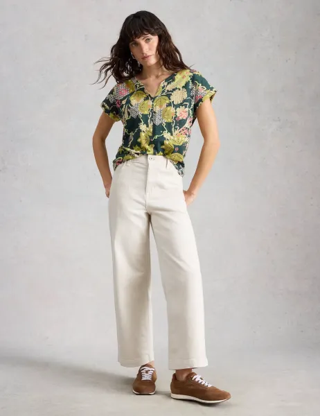 White Stuff Pure Cotton Printed Notch Neck T-Shirt