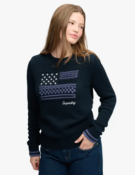 Superdry & Co Pure Cotton Flag Knit Relaxed Jumper Navy