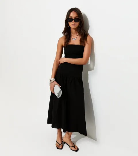 Women's Black Contrast Skirt Bandeau Midi Dress