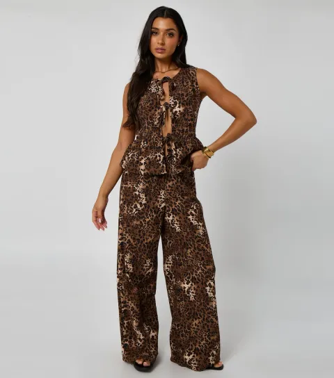 Women's Wide Leg Leopard Print Trousers