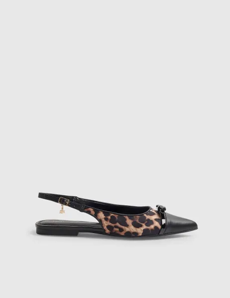 River Island Animal Print Bow Flat Slingback Shoes Brown Mix