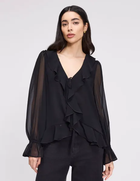 Finery London Chiffon V-Neck Ruffle Tie Front Blouse Black