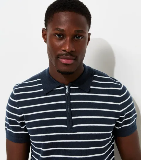 Men's Blue Cotton Rich Regular Fit Striped Zip Polo Shirt