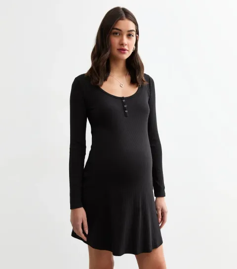 Women's Maternity Black Scoop Neck Ribbed Dress