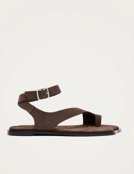 ALOHAS Leather Buckle Flat Slingback Sandals Brown
