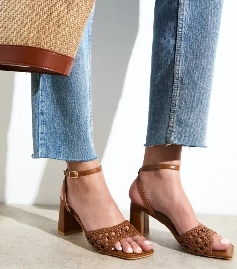 Women's Tan Faux Leather Woven Strap Block Heel Sandals Vegan