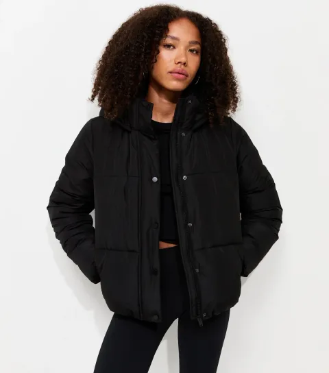 Women's Black Hooded Crop Puffer Jacket