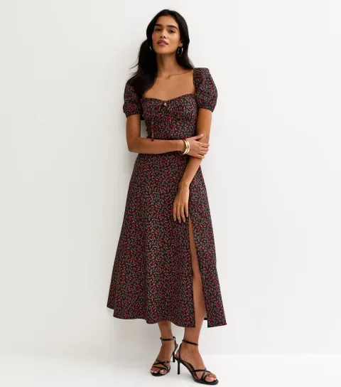 Women's Black Ditsy Floral Sweetheart Neck Midi Dress