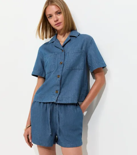 Women's Blue Denim Pull On Drawstring Shorts