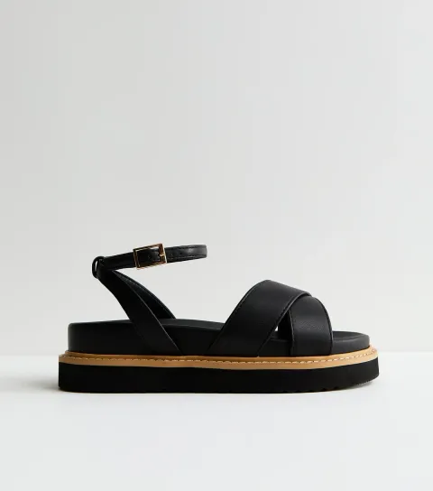 Women's Wide Fit Black Faux Leather Crossover Strap Sandals Vegan