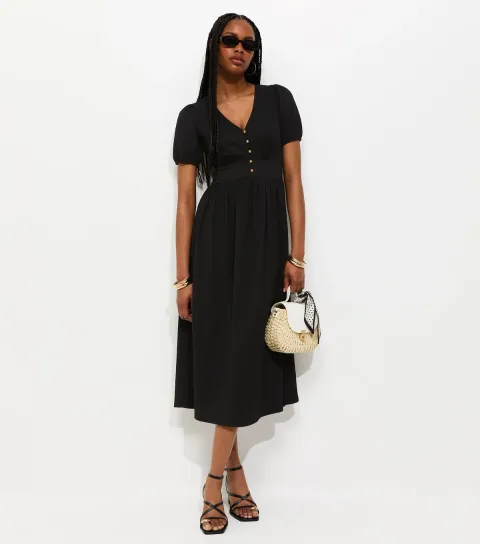 Women's Black Crinkle Short Sleeve Midi Dress
