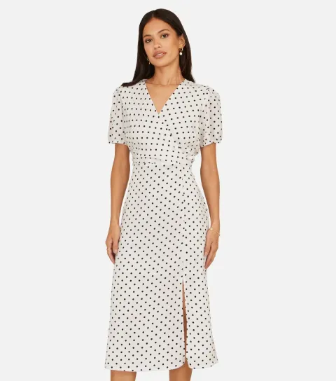 Women's White Spot Print Wrap Tea Midi Dress