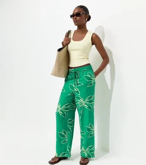 Women's Green Crinkle Texture Palm Print Wide Leg Trousers