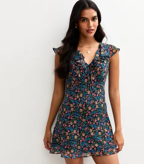 Women's Black Floral Print Ruffled Chiffon Mini Dress