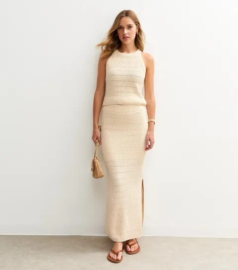 New Look Women's Cream Knit Slit Hem Midi Skirt