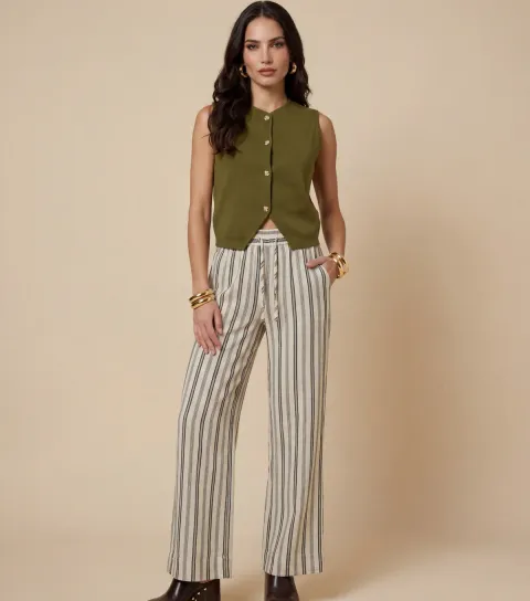 Women's Cream Striped Straight Leg Trousers