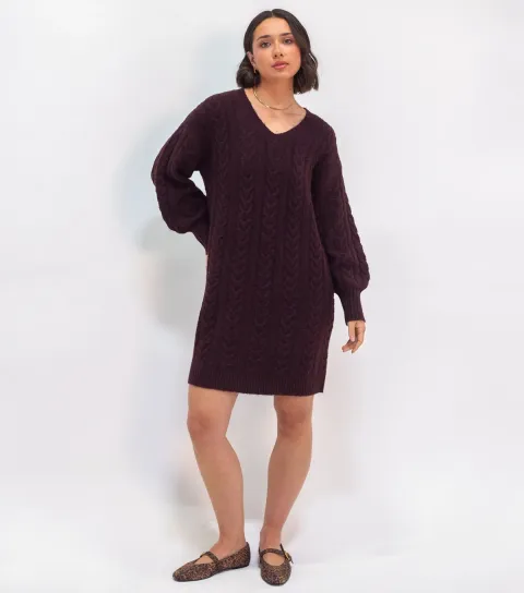 Women's Dark Purple Cable Knit Mini Jumper Dress