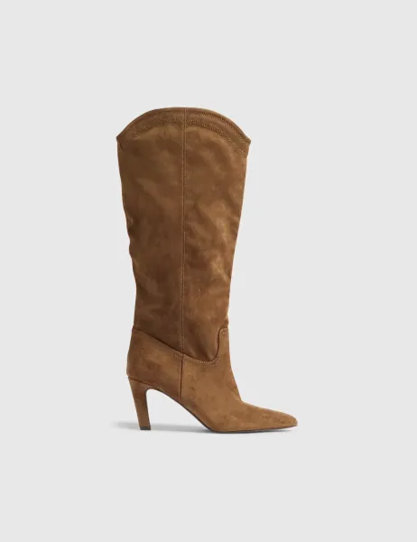 River Island Stiletto Heel Pointed Toe Knee High Boots Brown