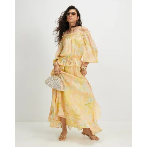 River Island Metallic Tie Dye Bardot Maxi Dress