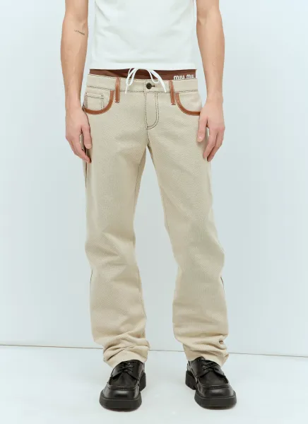 Leather Trim Canvas Pants