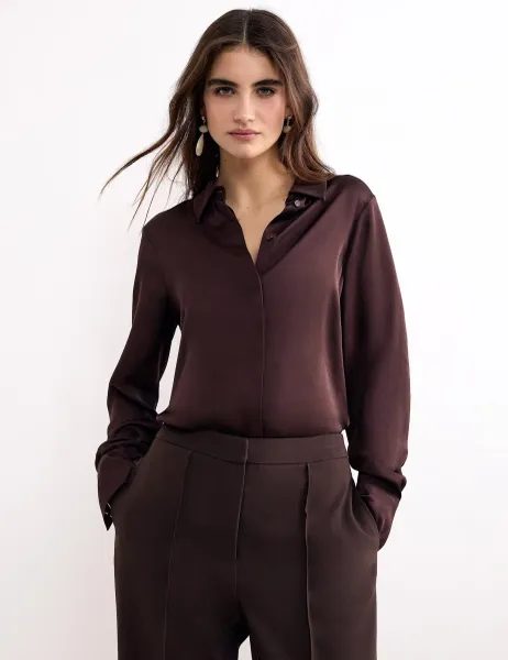 Satin Collared Blouson Sleeve Shirt Brown