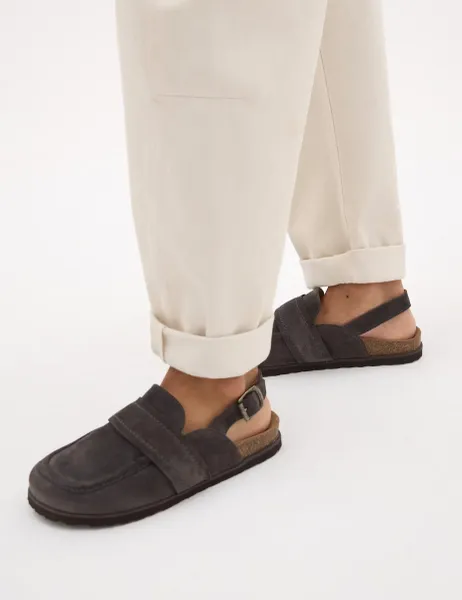 Leather Buckle Padded Flat Mules Medium Grey