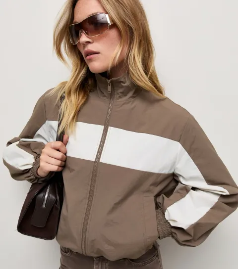 Women's Brown Colour Block Zip Front Windbreaker Jacket