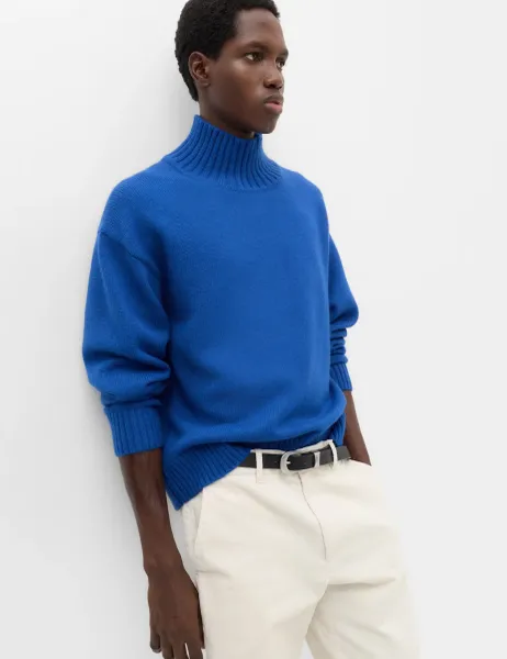 Marks & Spencer Wool Blend Ribbed Funnel Neck Jumper Dark Blue