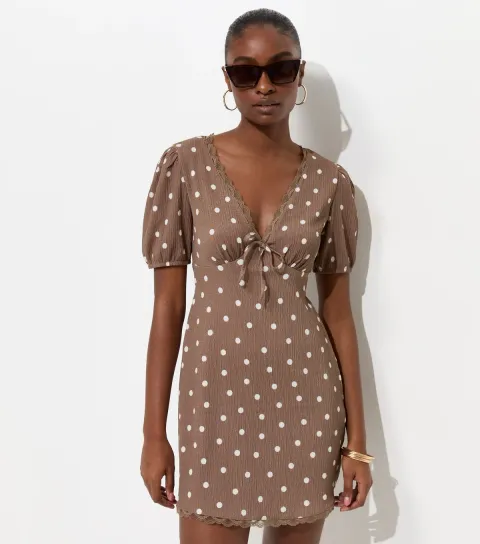 Women's Brown Polka Dot Lace Trim Mini Dress