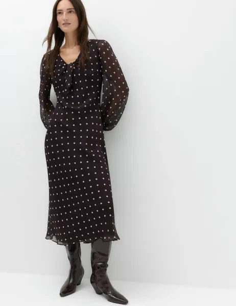 Marks & Spencer Chiffon Spot Print Midi Tea Dress Chocolate Mix