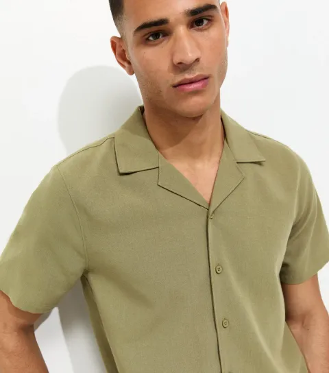 Men's Light Khaki Regular Short Sleeve Linen Look Shirt