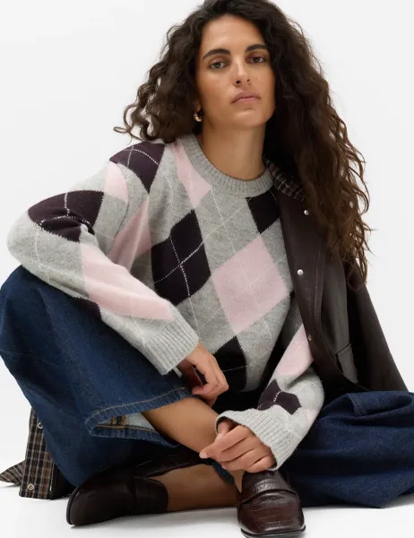 Marks & Spencer Argyle Crew Neck Relaxed Jumper Pink Mix