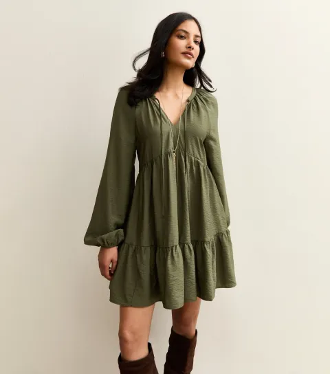 Women's Khaki Long Sleeve Smock Mini Dress