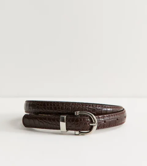 New Look Dark Brown Faux Leather Croc Embossed Skinny Belt Vegan
